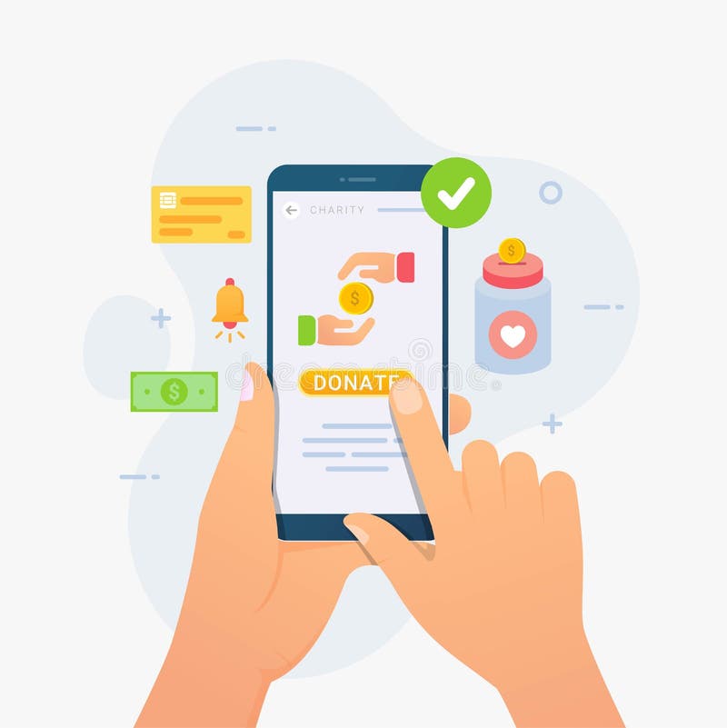 Mano sujetando el teléfono inteligente móvil para donar libre illustration
