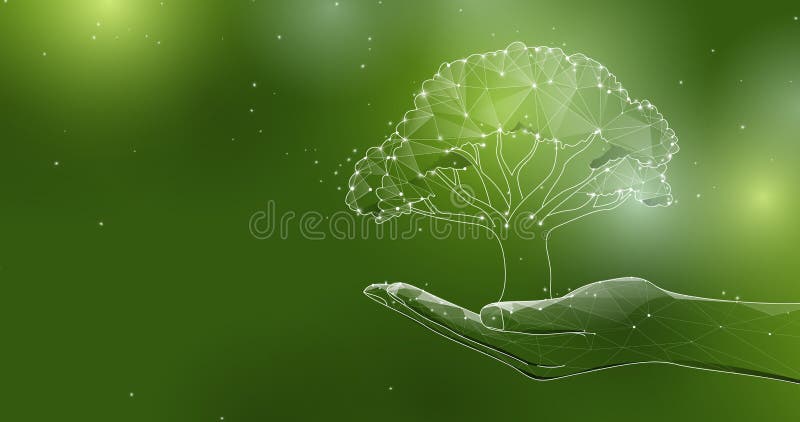Mano umana con telaio di poli in basso che tiene in mano un albero. concetto di ecologia e di giornata della terra. illustrazione illustrazione vettoriale