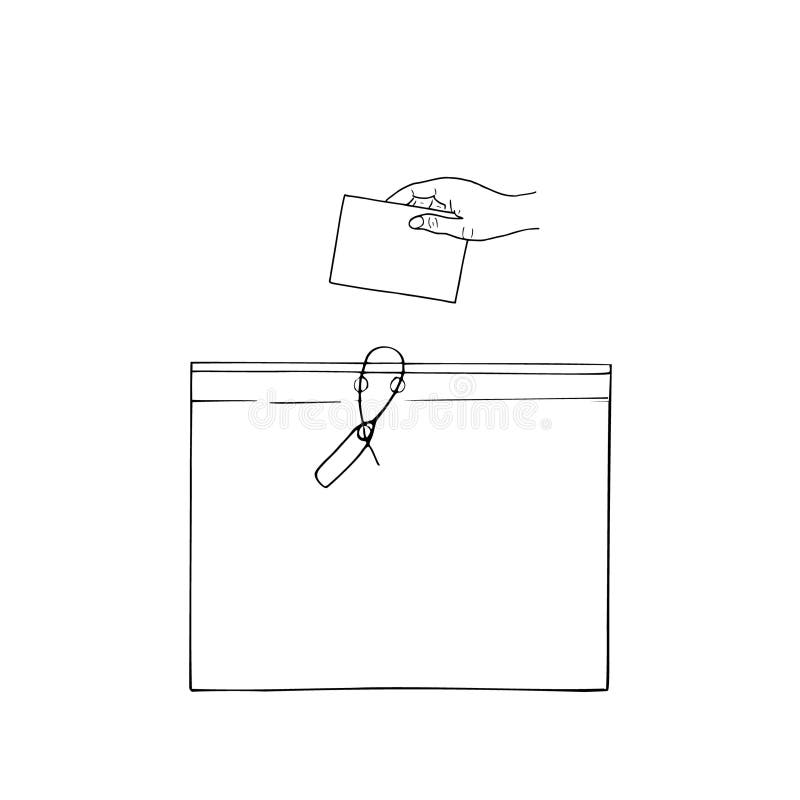 Mano umana inserimento della carta di voto in un vettoriale sigillato disegnato da inchiostri neri. spazio vuoto per il testo royalty illustrazione gratis