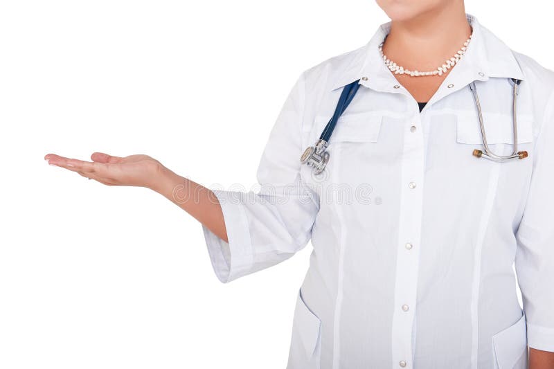 Mano vacía del doctor de la mujer aislada en blanco fotografía de archivo libre de regalías Mano vacía del doctor de la mujer aislada en blanco fotografía de archivo libre de regalías