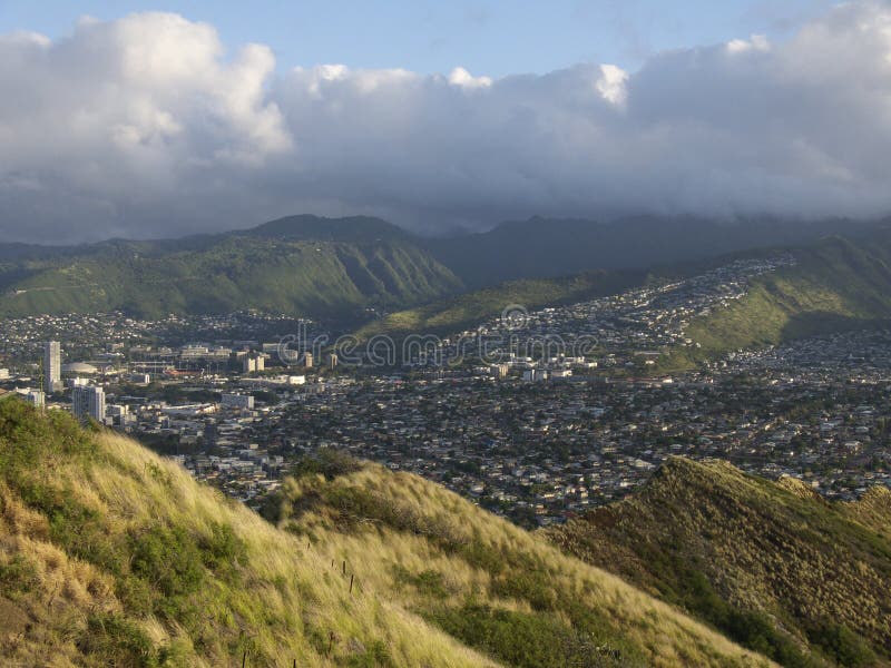 Climbing to the top of Diamond Head volcanic crater allows this view of the Manoa Valley, home of the University of Hawai'i, and subsequent urban sprawl. Climbing to the top of Diamond Head volcanic crater allows this view of the Manoa Valley, home of the University of Hawai'i, and subsequent urban sprawl.