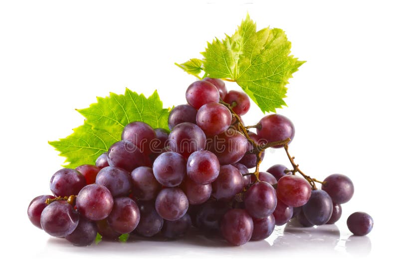 Manojo de uvas rojas maduras con las hojas aisladas en blanco