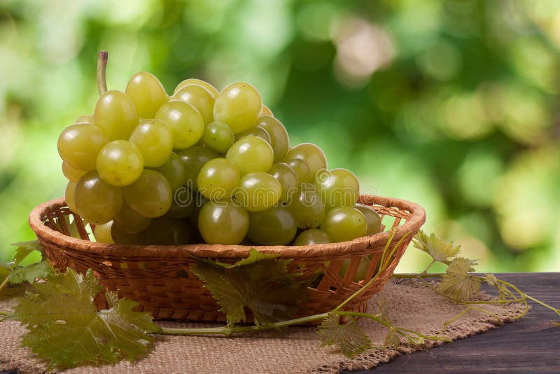 Manojo de uvas verdes maduras en una tabla de madera con el fondo borroso foto de archivo