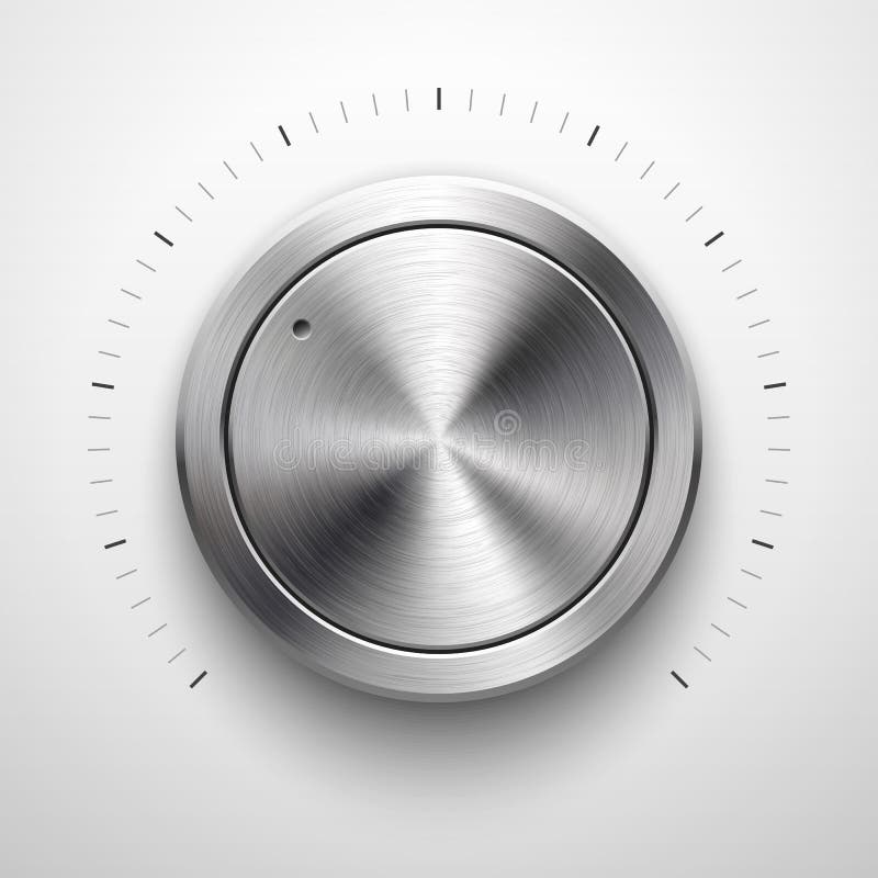 Abstract technology button template, volume knob with metal texture (chrome, silver, steel), range scale, realistic shadow and light background for web, interfaces, UI, applications, apps. Vector. Abstract technology button template, volume knob with metal texture (chrome, silver, steel), range scale, realistic shadow and light background for web, interfaces, UI, applications, apps. Vector.