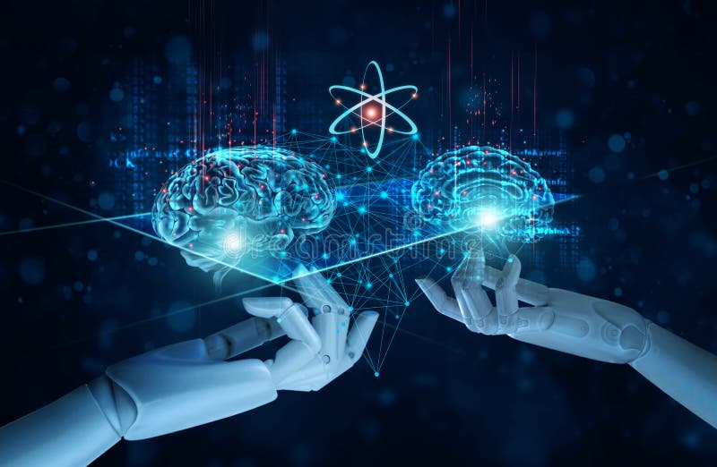 Manos de inteligencia artificial ai tocando un cerebro máquina simbólica aprendizaje de tecnología futurista. ciencia de datos gra imagen de archivo libre de regalías