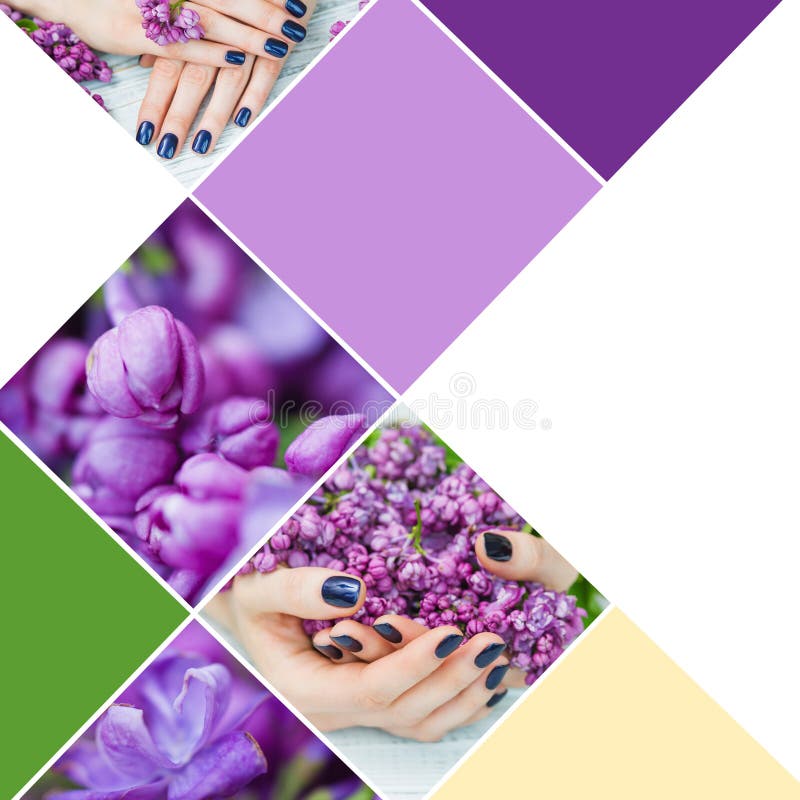Manos de la mujer del collage con la manicura azul marino imagenes de archivo