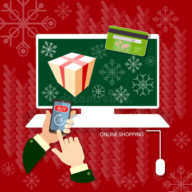 Manos de las compras de la Navidad usando compras en línea del teléfono elegante stock de ilustración Manos de las compras de la Navidad usando compras en línea del teléfono elegante stock de ilustración
