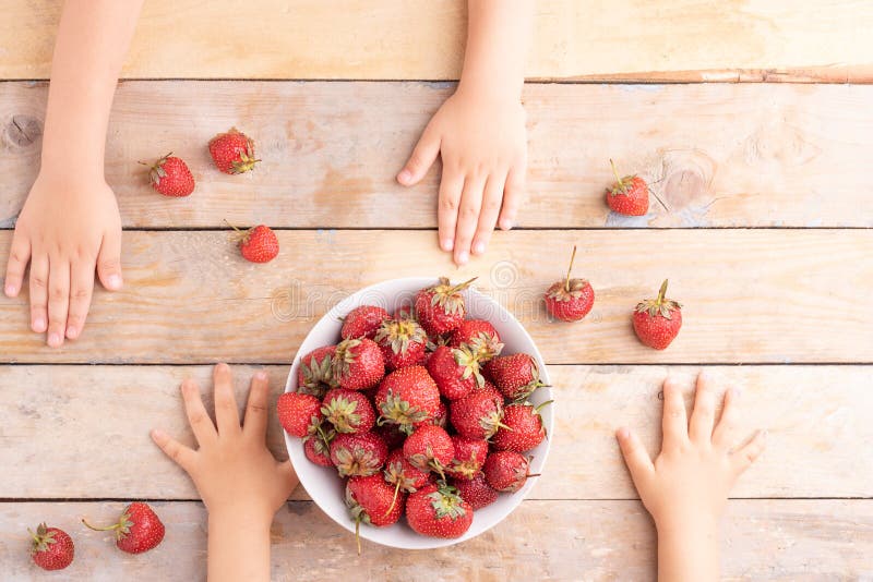 Manos de los niños cerca del cuenco blanco con las fresas, visión superior imagen de archivo libre de regalías Manos de los niños cerca del cuenco blanco con las fresas, visión superior imagen de archivo libre de regalías