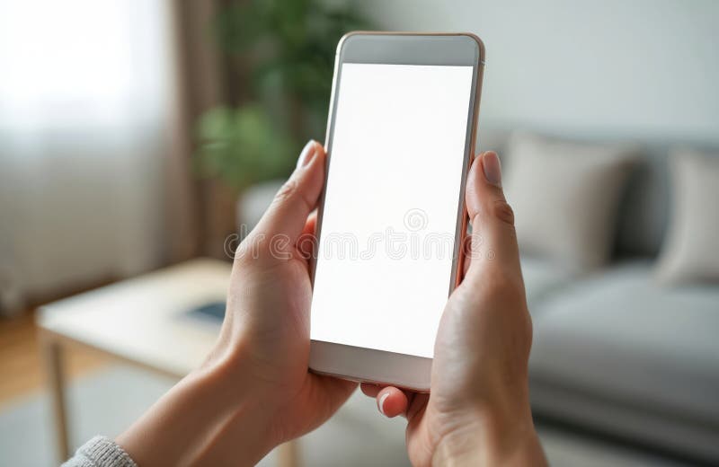 Manos de mujer con el smartphone en blanco pantalla. Dispositivo digital de simulación de teléfono móvil moderno. aplicación de in libre illustration