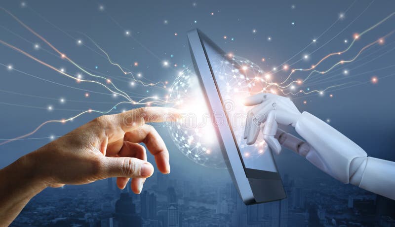 Manos de robots y seres humanos en la conexión a la red de grandes datos ciencia e innovación en tecnología de inteligencia artifi fotografía de archivo
