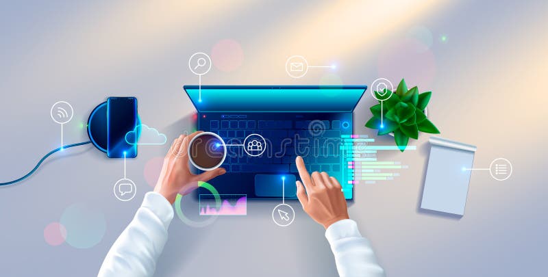 Manos del desarrollador que trabajan en el teclado de la opinión superior del ordenador portátil Lugar de trabajo del programador ilustración del vector Manos del desarrollador que trabajan en el teclado de la opinión superior del ordenador portátil Lugar de trabajo del programador ilustración del vector