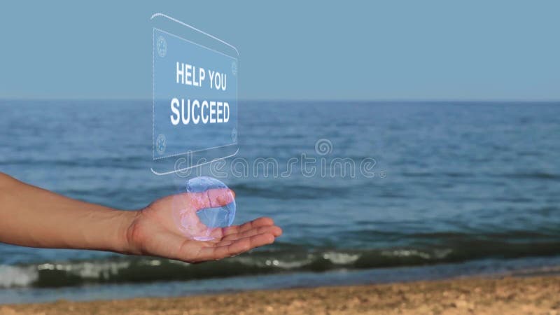 Manos en el texto del holograma del control de la playa ayudarle a tener éxito