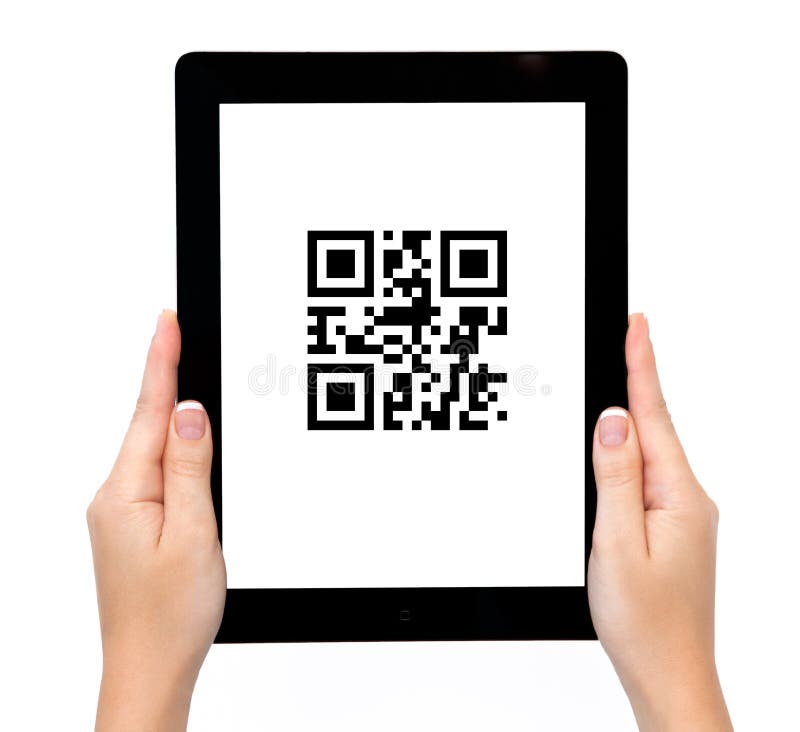 Female hands holding a tablet with qr code. Female hands holding a tablet with qr code