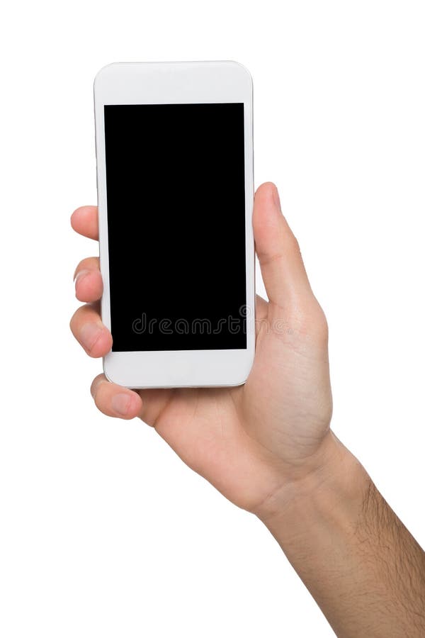 Manos masculinas que señalan en la pantalla en blanco del teléfono móvil foto de archivo libre de regalías Manos masculinas que señalan en la pantalla en blanco del teléfono móvil foto de archivo libre de regalías