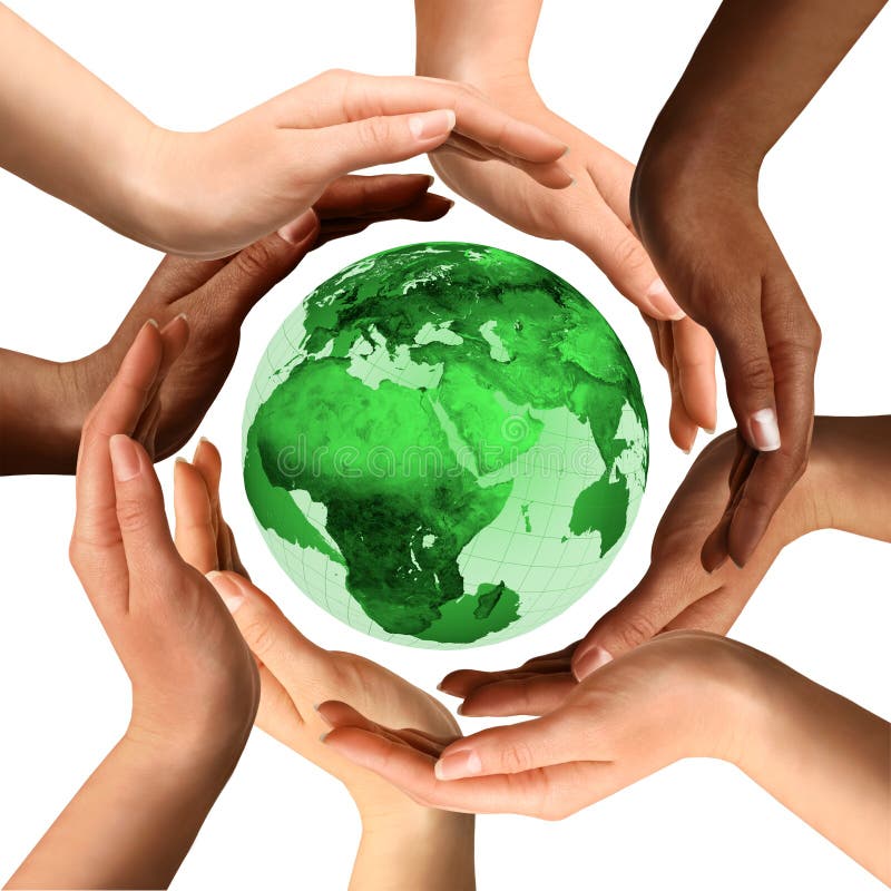 Conceptual symbol of a green Earth globe with multiracial human hands around it. Isolated on white background. Unity and world peace concept. Conceptual symbol of a green Earth globe with multiracial human hands around it. Isolated on white background. Unity and world peace concept.