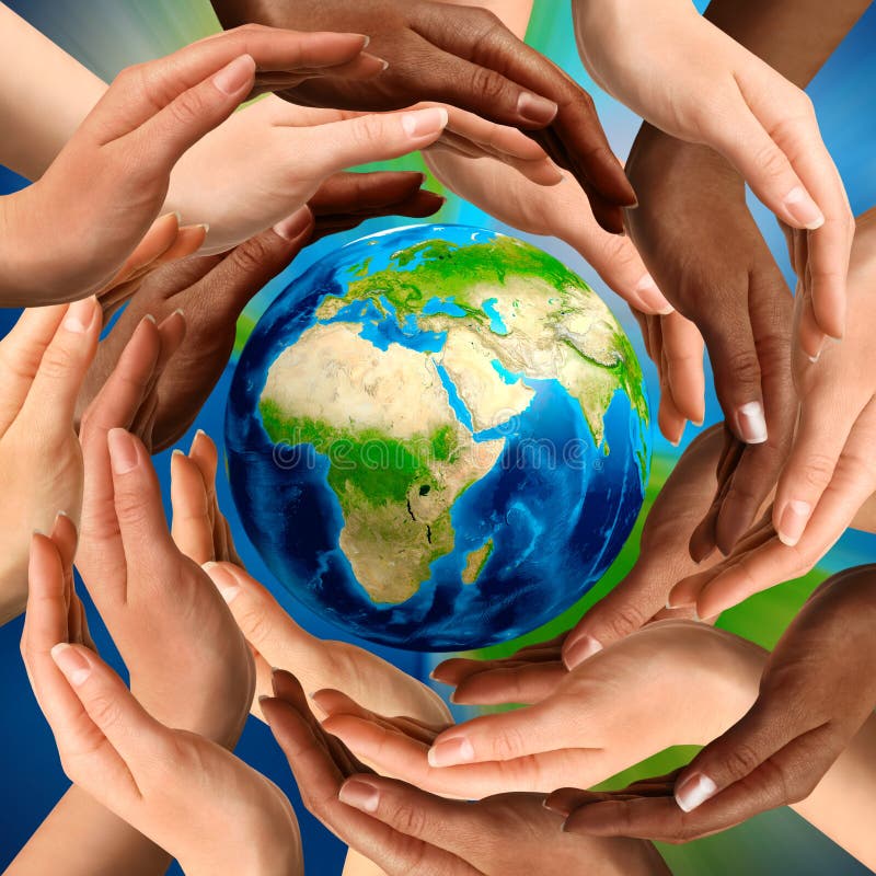 Beautiful conceptual symbol of the Earth globe with multiracial human hands around it. Unity and world peace concept. Beautiful conceptual symbol of the Earth globe with multiracial human hands around it. Unity and world peace concept.