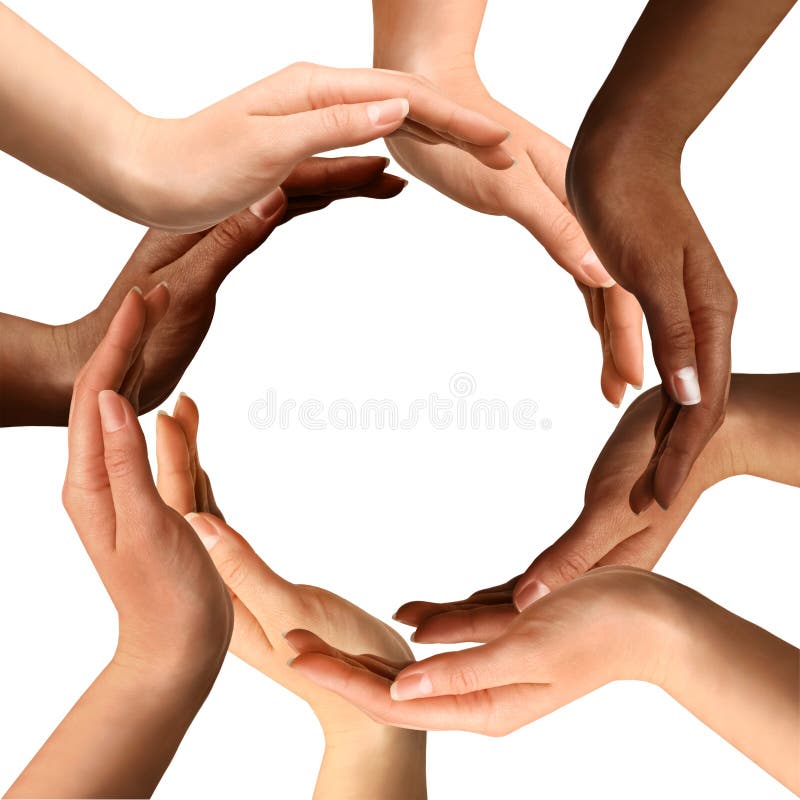 Conceptual symbol of multiracial human hands making a circle on white background with a copy space in the middle. Conceptual symbol of multiracial human hands making a circle on white background with a copy space in the middle