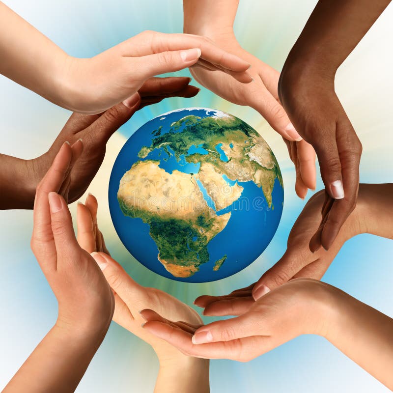 Conceptual symbol of multiracial human hands surrounding the Earth globe. Unity, world peace, humanity concept. Conceptual symbol of multiracial human hands surrounding the Earth globe. Unity, world peace, humanity concept.