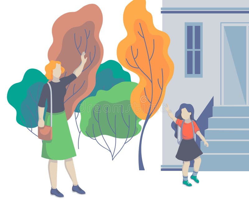 Manos que agitan de la mamá y de la hija en uno a Padre que lleva al niño a la escuela De nuevo a escuela Concepto de familia ami libre illustration Manos que agitan de la mamá y de la hija en uno a Padre que lleva al niño a la escuela De nuevo a escuela Concepto de familia ami libre illustration