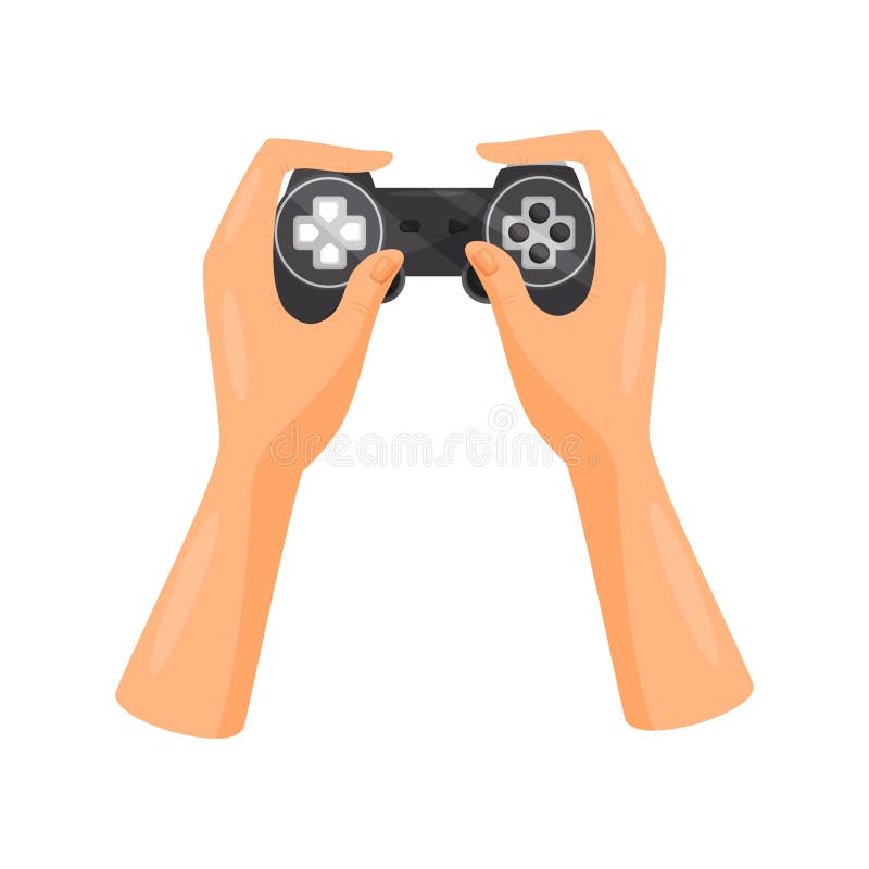 Manos que sostienen el regulador del videojuego, ejemplo del vector del concepto del juego en un fondo blanco stock de ilustración Manos que sostienen el regulador del videojuego, ejemplo del vector del concepto del juego en un fondo blanco stock de ilustración