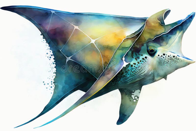 Manta ray watercolor κλείσιμο θηρευτές άγρια ζώα. απομονωμένη εξαιρετικά υψηλή ανάλυση σε λευκό φόντο διανυσματική απεικόνιση