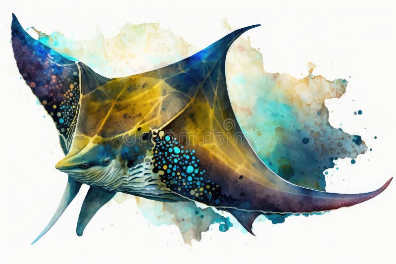 Manta ray watercolor κλείσιμο θηρευτές άγρια ζώα. απομονωμένη εξαιρετικά υψηλή ανάλυση σε λευκό φόντο ελεύθερη απεικόνιση δικαιώματος
