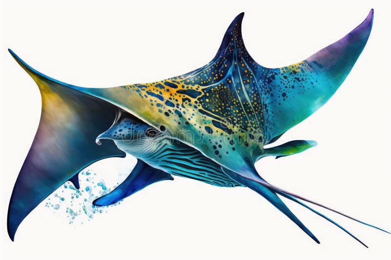 Manta ray watercolor κλείσιμο θηρευτές άγρια ζώα. απομονωμένη εξαιρετικά υψηλή ανάλυση σε λευκό φόντο ελεύθερη απεικόνιση δικαιώματος