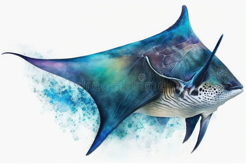 Manta ray watercolor κλείσιμο θηρευτές άγρια ζώα. απομονωμένη εξαιρετικά υψηλή ανάλυση σε λευκό φόντο απεικόνιση αποθεμάτων