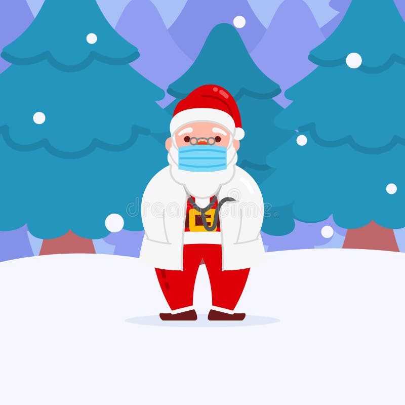 Manteau et stéthoscope blancs de masque d'usure du dr Santa Caractère de Noël avec la neige et l'hiver Forest Background Flat Des
