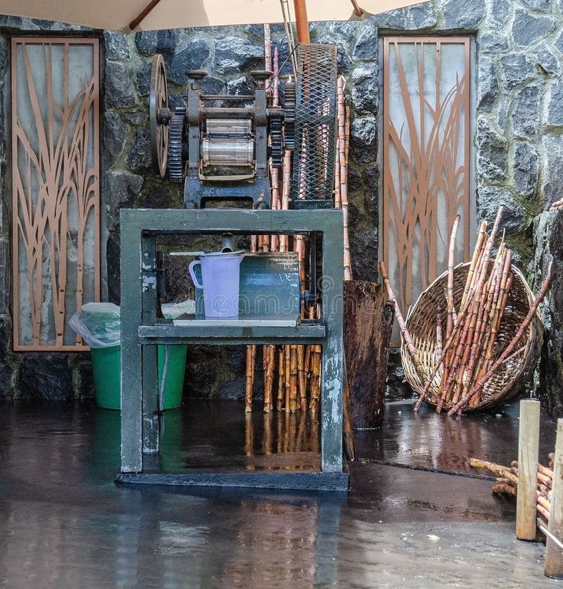 Mauritius Island. Manual machine for making sugar cane syrup. On the left side of the machine are placed washed sticks of sugar pea, which is inserted from above. The shafts grind it and sugar syrup flows out. It is very tasty
