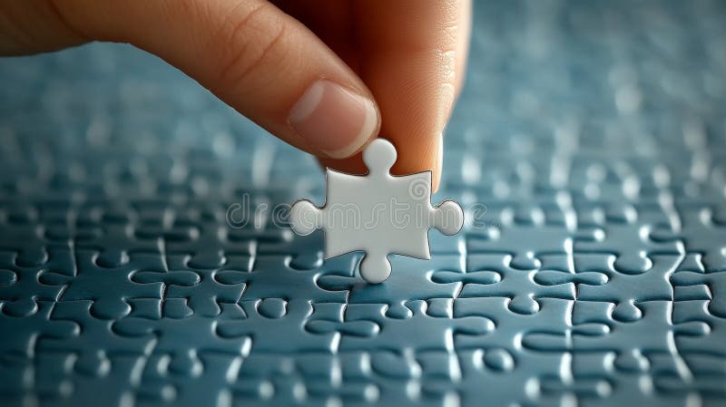 Manual Womans plasând piesa albă puzzle completând conceptul de puzzle albastru royalty free illustration