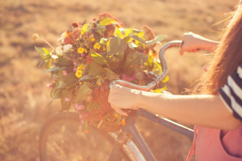 Manubrio della bici di Ld con il canestro dei fiori immagine stock libera da diritti Manubrio della bici di Ld con il canestro dei fiori immagine stock libera da diritti