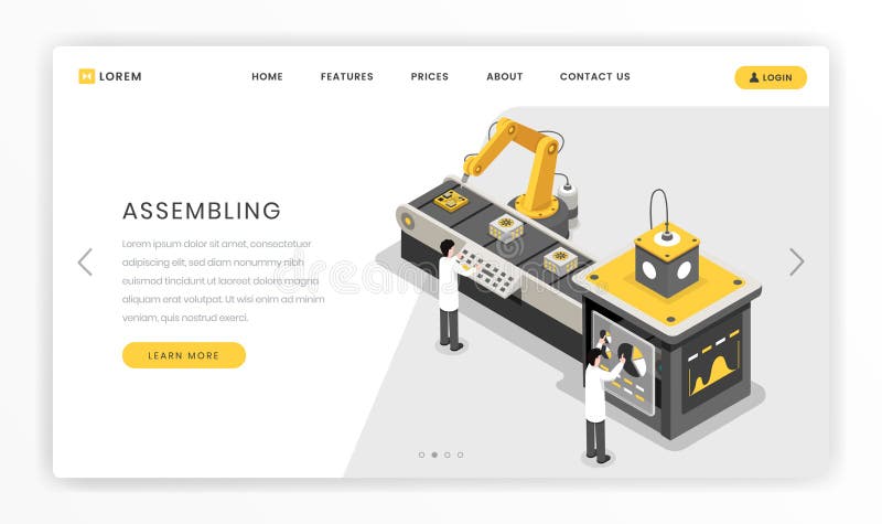 Manufacturing, constructing process landing page template. Hardware engineers monitoring autonomous manufacture vector royalty free illustration Manufacturing, constructing process landing page template. Hardware engineers monitoring autonomous manufacture vector royalty free illustration