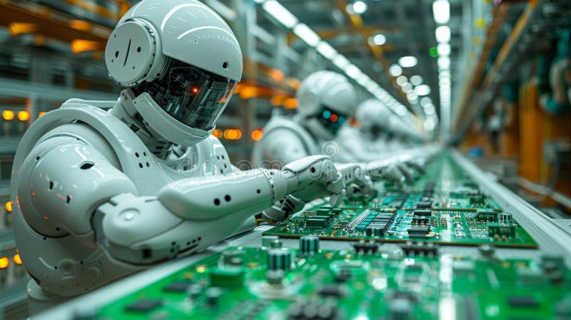 Manufacturing humanoid robots perform precision work in chip production royalty free stock image