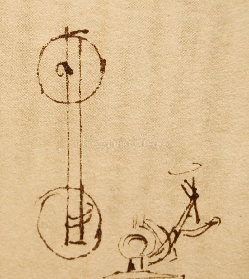 Manuscript, drawings, blueprints, circle by Leonardo Da Vinci in the old book The Codice Sul Volo, by E. Rouveyre , 1893 stock photo