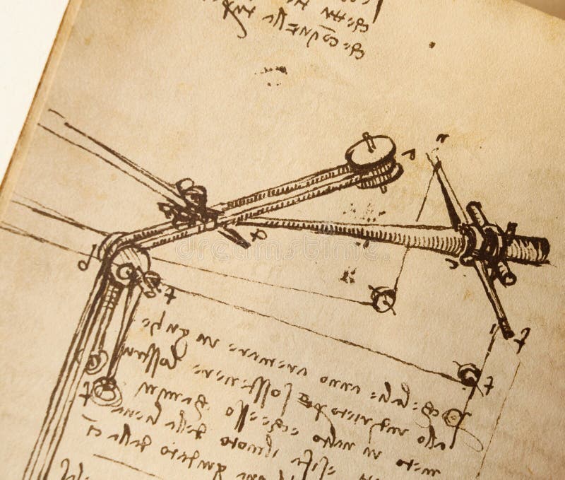 Manuscript, drawings, blueprints by Leonardo Da Vinci in the old book The Codice Sul Volo, by E. Rouveyre , 1893 stock photo