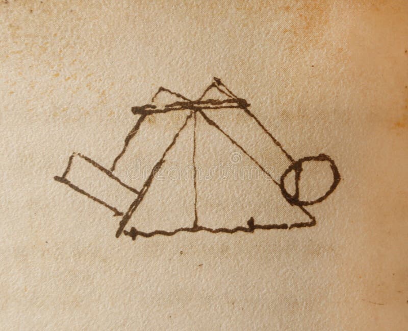Manuscript, drawings, blueprints, triangle by Leonardo Da Vinci in the old book The Codice Sul Volo, by E. Rouveyre , 1893 royalty free stock photo