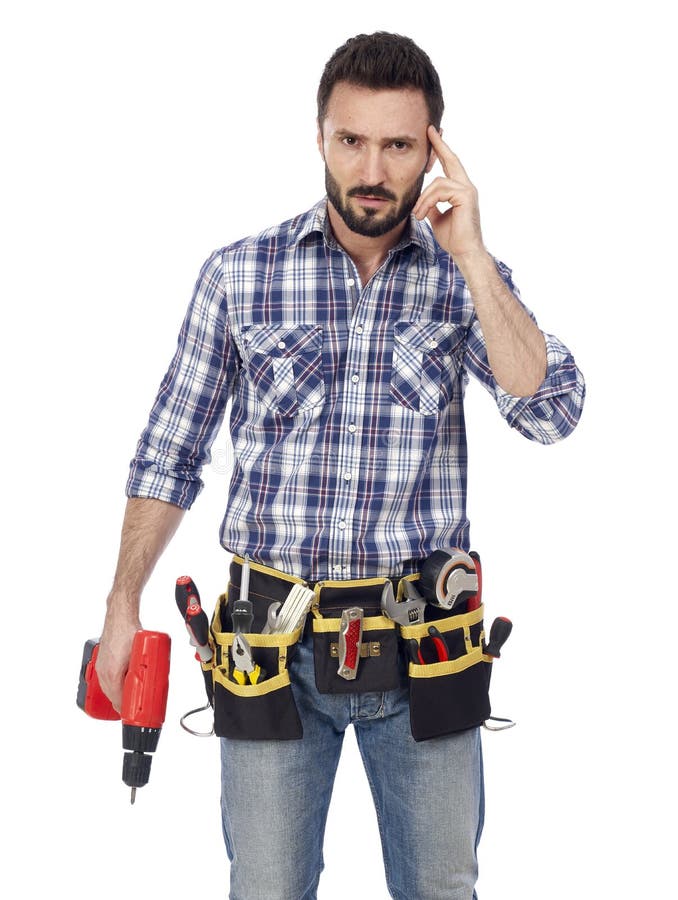 Manusje van alles met toolbelt en boor royalty-vrije stock afbeelding Manusje van alles met toolbelt en boor royalty-vrije stock afbeelding