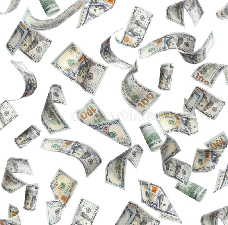 Many American dollars on white background. Flying money