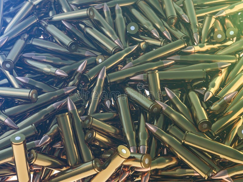 Many ammunition bullets pattern background. 3D royalty free illustration