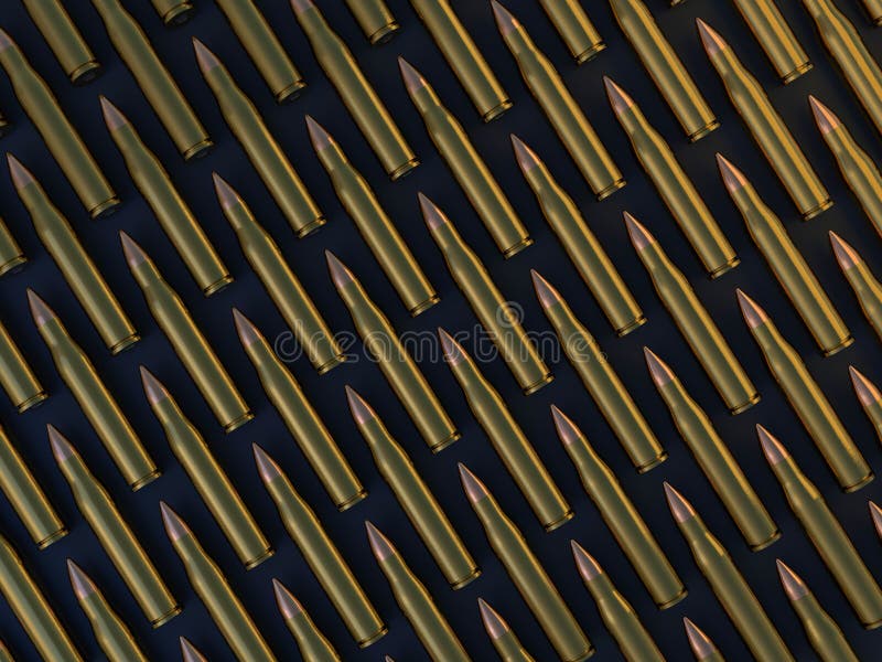 Many ammunition bullets pattern background. 3D stock illustration