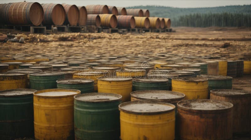 Many barrels of toxic waste, in the open air. Climate change, the concept of protecting royalty free illustration