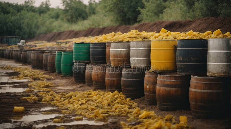 Many barrels of toxic waste, in the open air. Climate change, the concept of protecting stock illustration