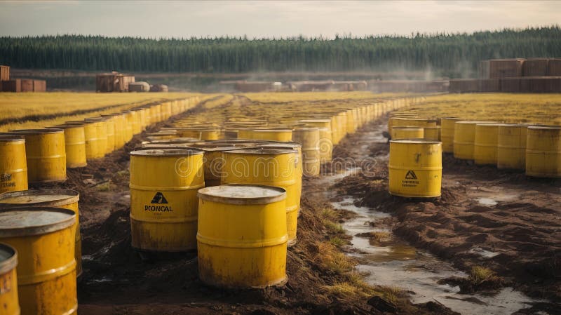 Many barrels of toxic waste, in the open air. Climate change, the concept of protecting stock illustration