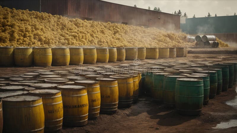 Many barrels of toxic waste, in the open air. Climate change, the concept of protecting vector illustration