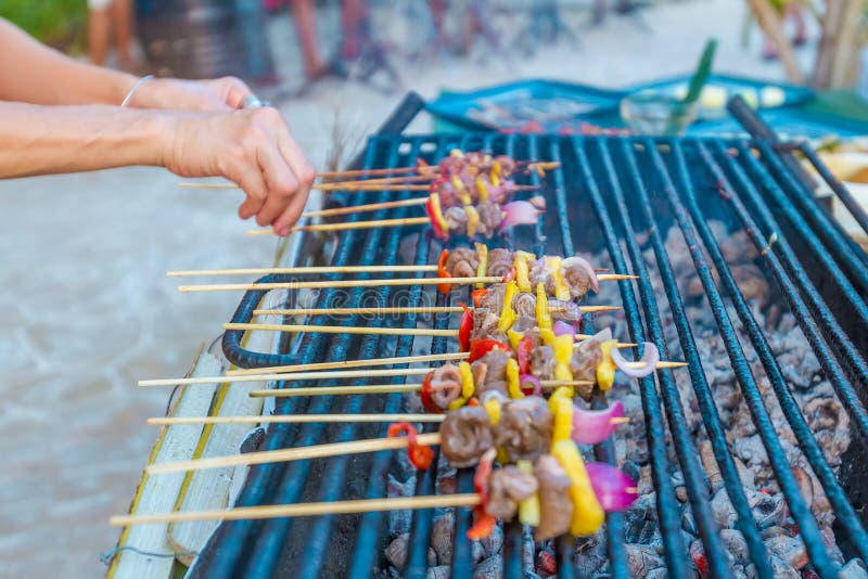 Many Bbq Sticks on Grill, Outdoor, Bbq Time Stock Image Image of