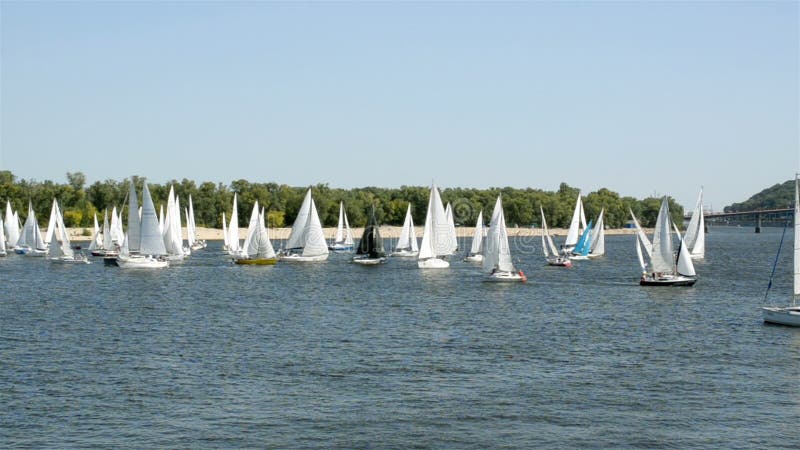Many beautiful floating sail yachts medium size with crew , on the Dnieper River.