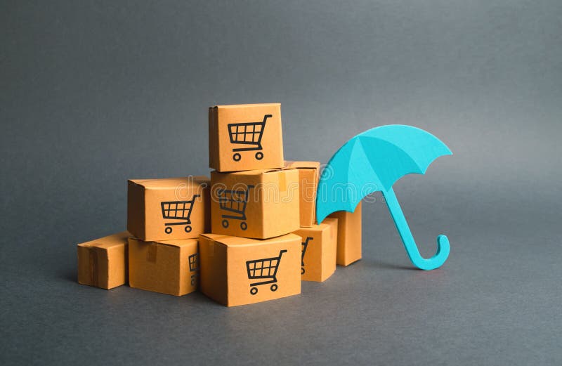 Many boxes with a pattern of shopping carts and umbrella. insurance purchases. Providing warranty on purchased products. Consumer