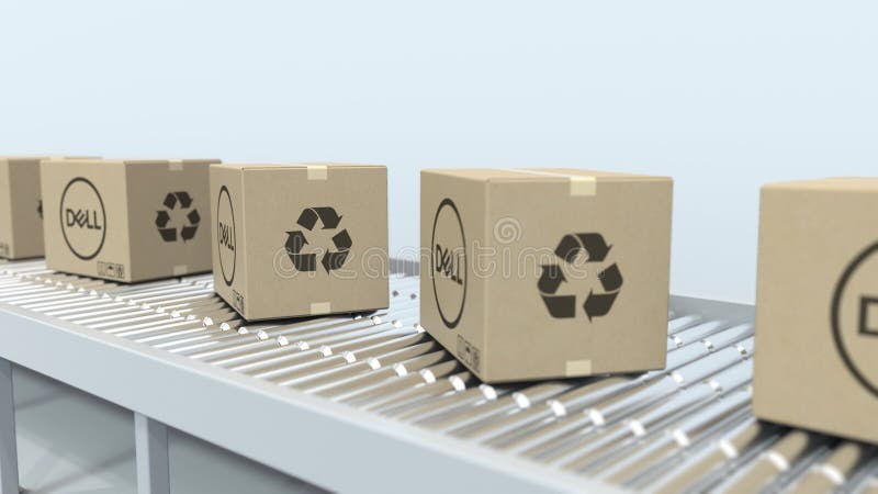 DELL logo on moving boxes on roller conveyor. Loopable editorial 3D animation stock video footage
