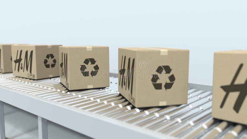 H&M logo on moving boxes on roller conveyor. Loopable editorial 3D animation vector illustration